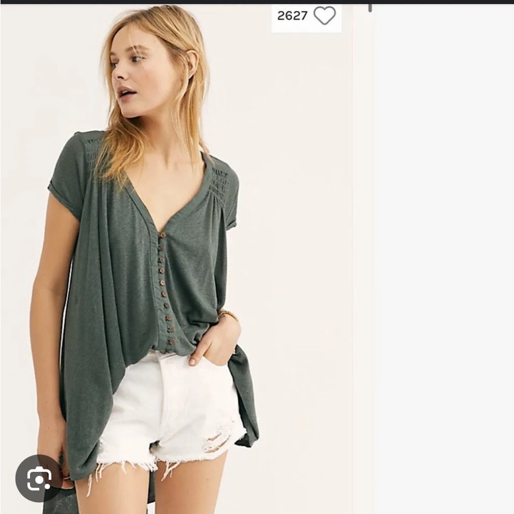 Free People Highland Linen Blend Oversized Tee Tunic in Green, Size XS